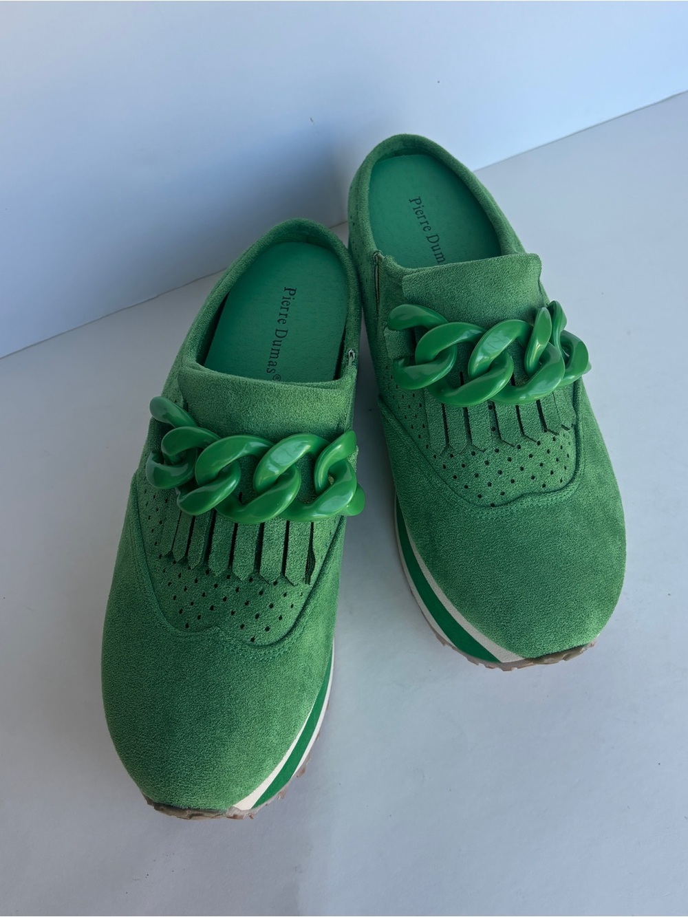 Pierre Dumas  Green Suede Slip-On Sneakers with Chunky Green Chain